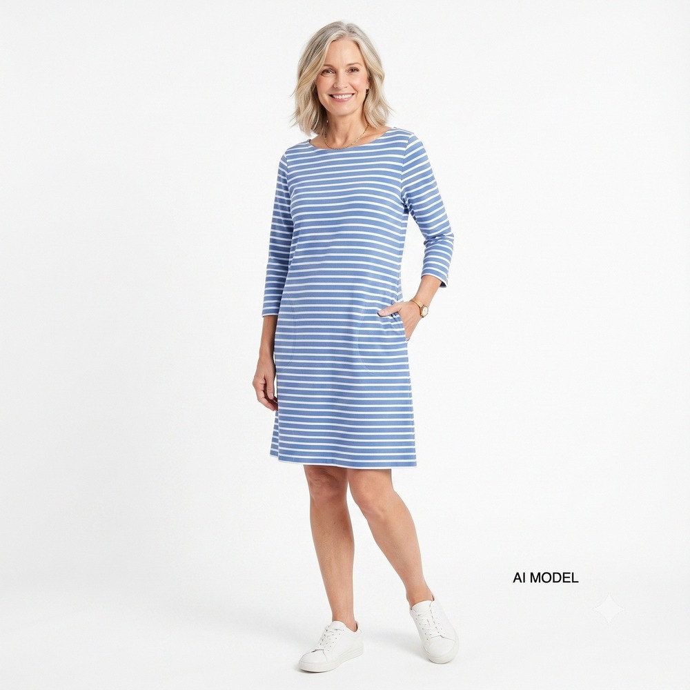 Garnet Hill Blue White Striped 100% Cotton Pocket Shift Dress Medium 3/4 Sleeve